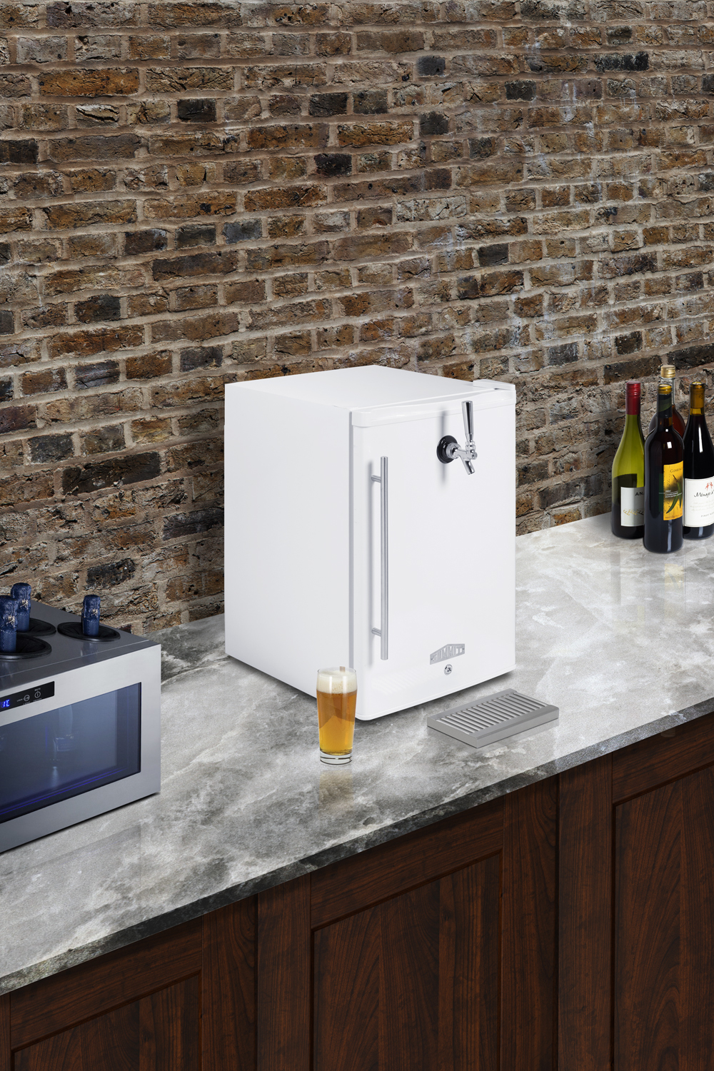 Compact commercially approved front tap beer dispenser in a classic white finish